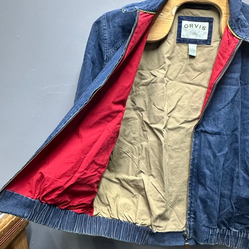Orvis Mens Large Denim Harrington Jacket Blue Cotton Full Zip Bomber Mock Neck - Picture 9 of 11